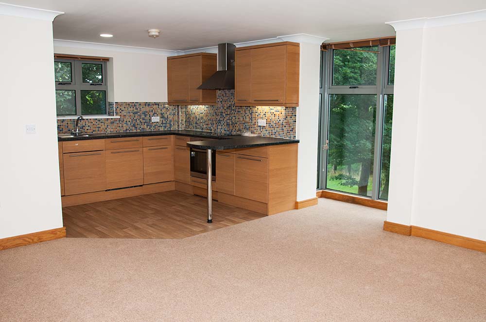 Open plan wooden kitchen and carpeted living toom with a floor to ceiling length window