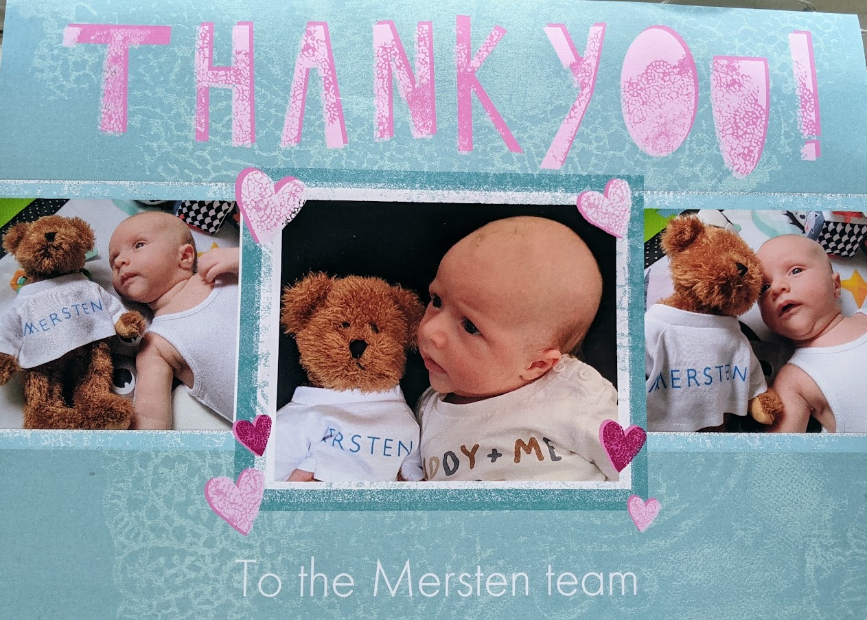 A thank you card with three images of a new born baby and a teddy bear on it