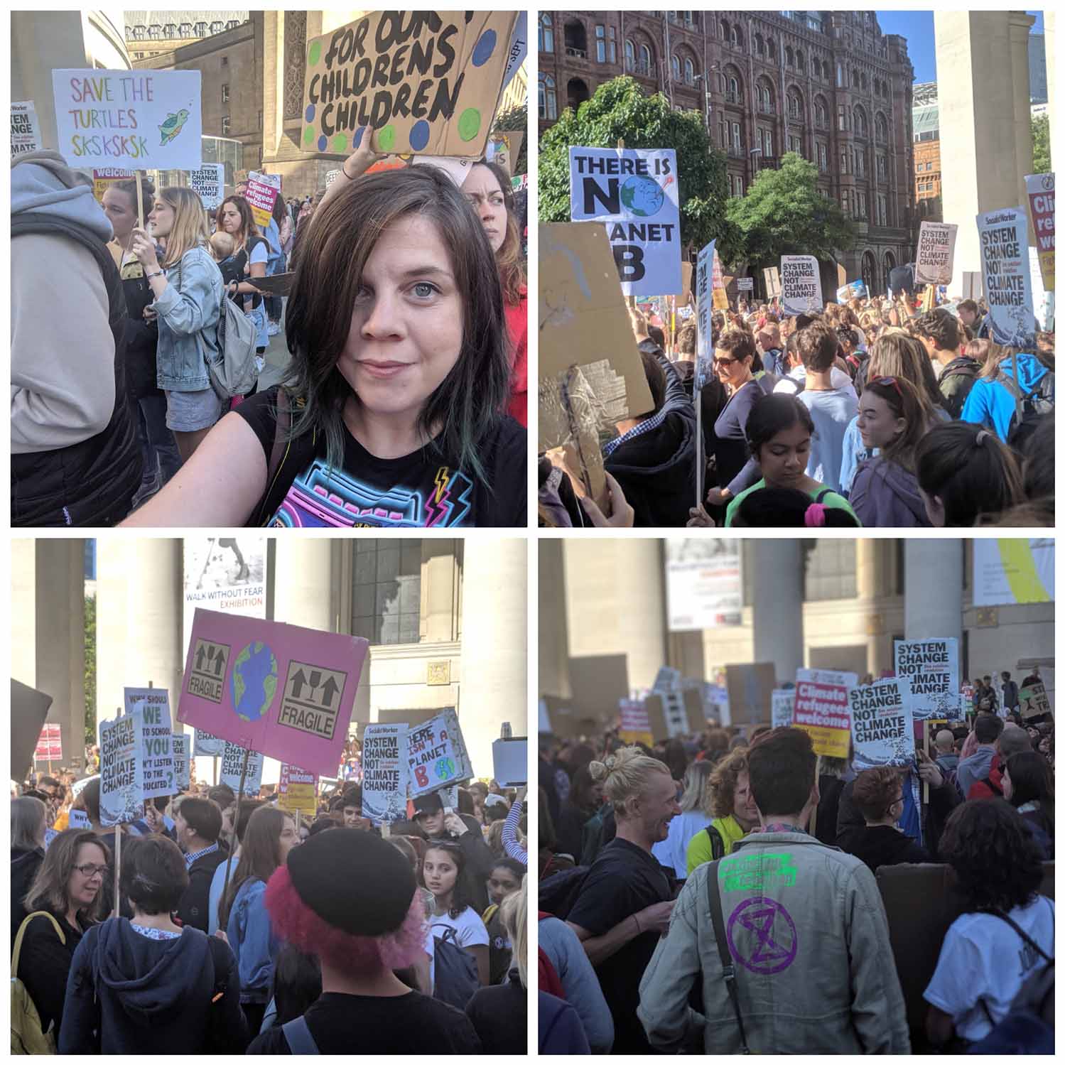 A collage of photos of people at a protest holding signs