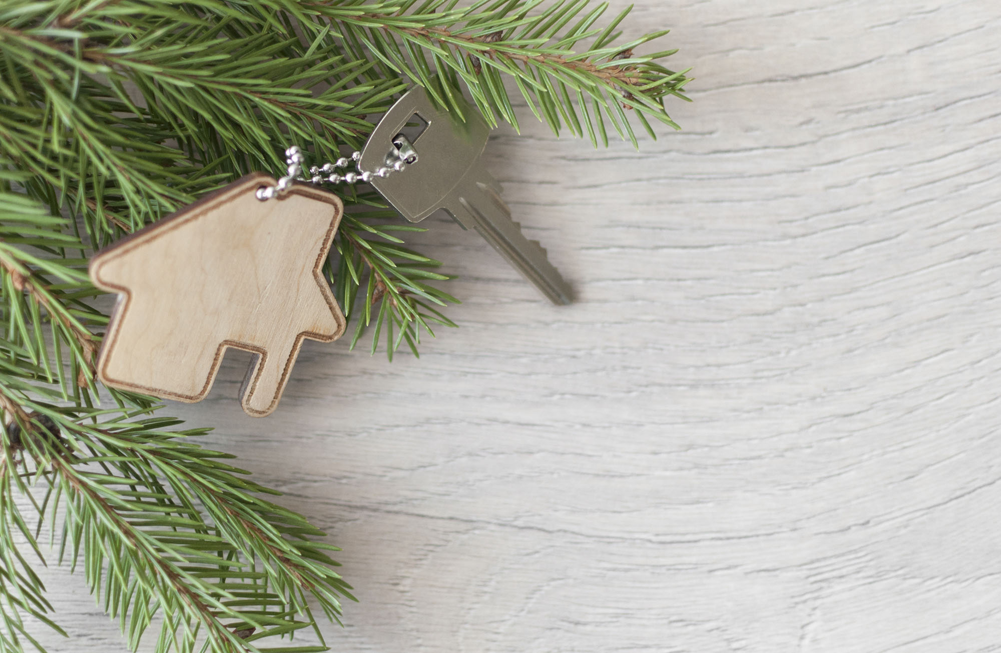a key with a wooden house keychain sitting on pine branches