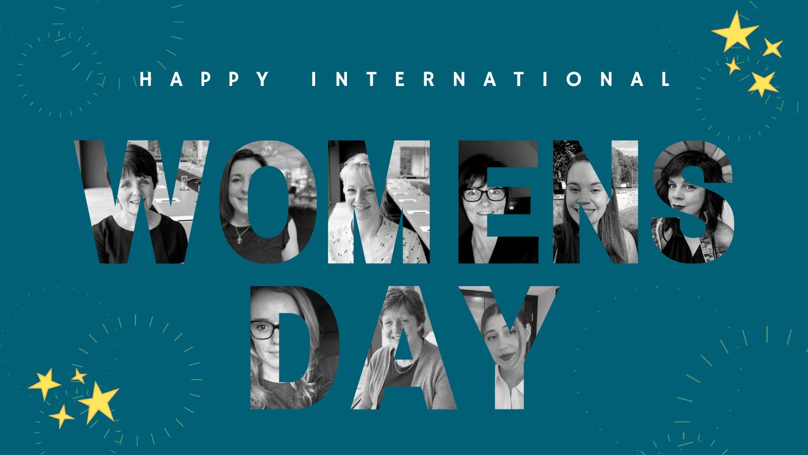 An image saying 'happy international womens day' with pictures of women in the text of 'womens day'