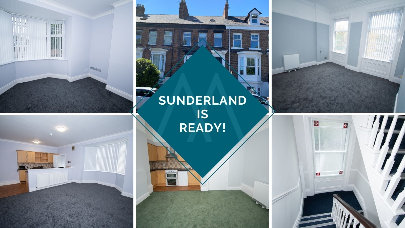 6 images of the inside of a recently refurbished property with the text 'sunderland is ready' written in the centre